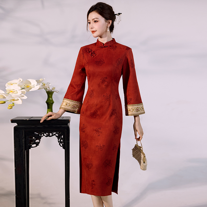 Vintage Fashion Gen Z - Роскошное замшевое бархатное платье Ципао —
