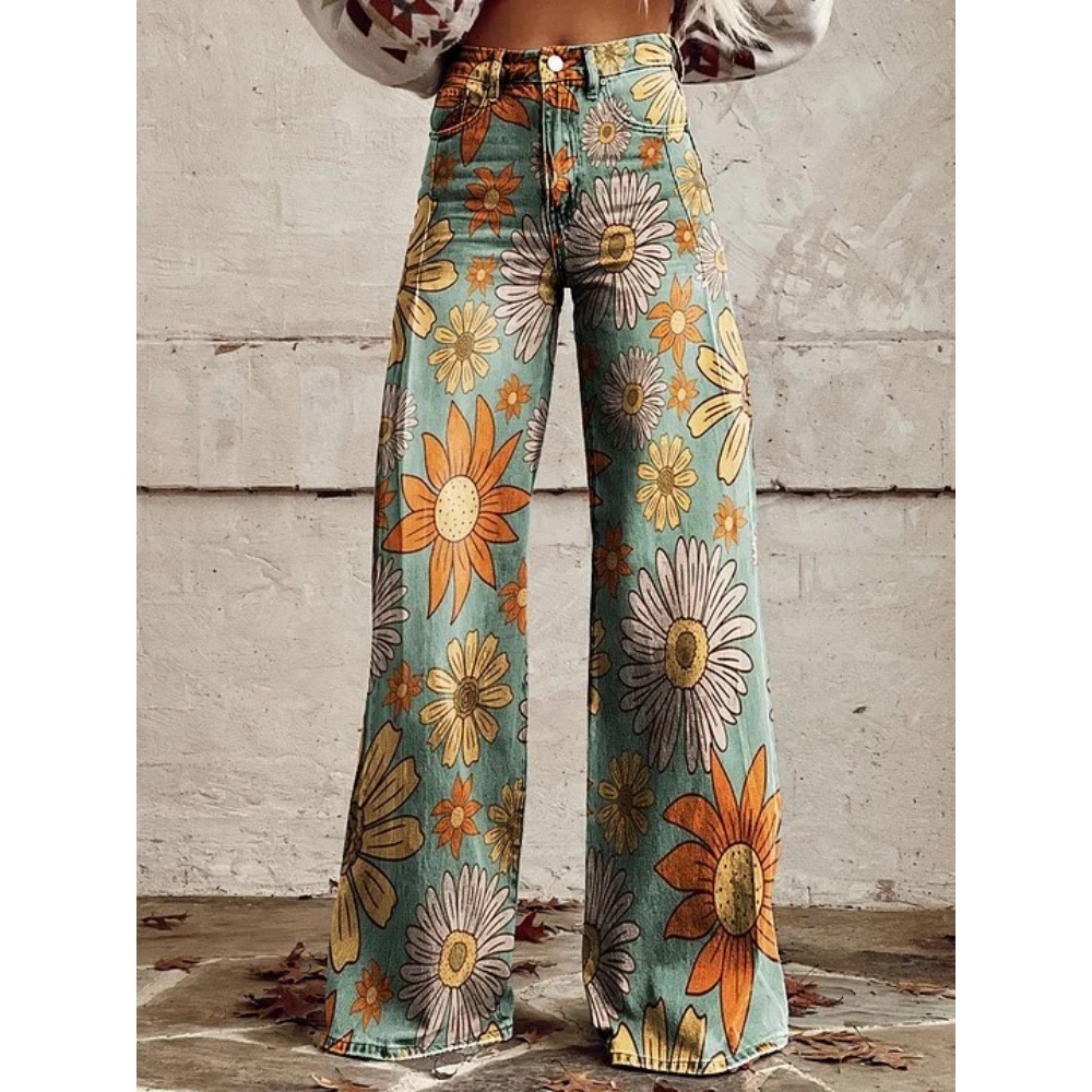 Wide Leg Trouser 70S - Женские милые ретро-брюки с принтом ромашек,